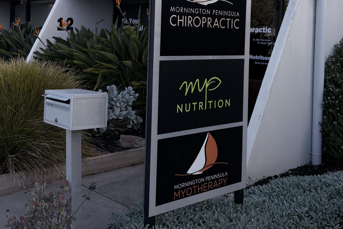 The street sign at 12/1140 Nepean Highway listing Mornington Peninsula Chiropractic, MP Nutrition and Mornington Peninsula Myotherapy